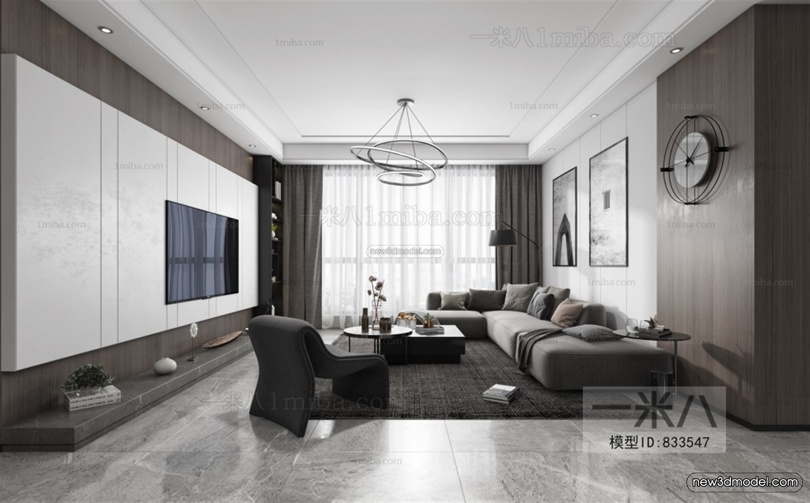 Black – White – Gray Colors Interior 3D Blocks – Living Room 3D Scene – 016 – VRAY - thumbnail 3