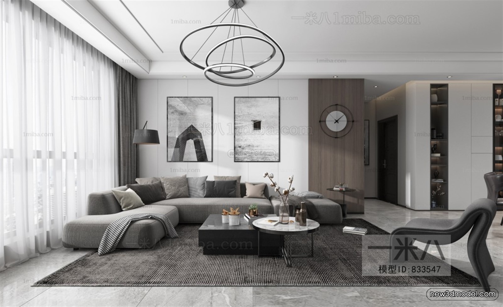 Black – White – Gray Colors Interior 3D Blocks – Living Room 3D Scene – 016 – VRAY - thumbnail 2