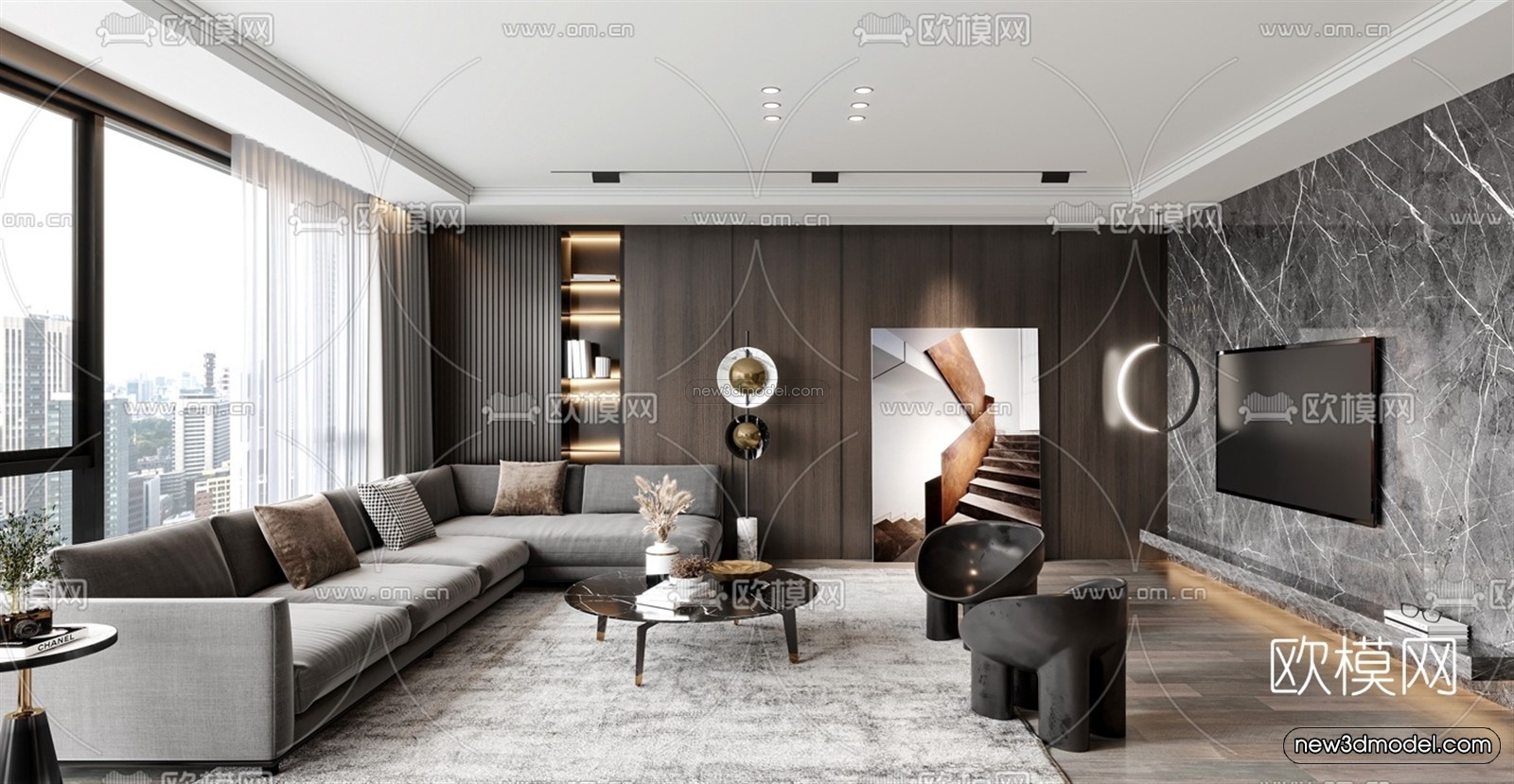 Black – White – Gray Colors Interior 3D Blocks – Living Room 3D Scene – 019 – VRAY - thumbnail 2