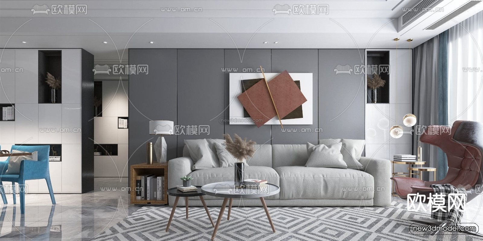 Black – White – Gray Colors Interior 3D Blocks – Living Room 3D Scene – 021 – VRAY - thumbnail 2
