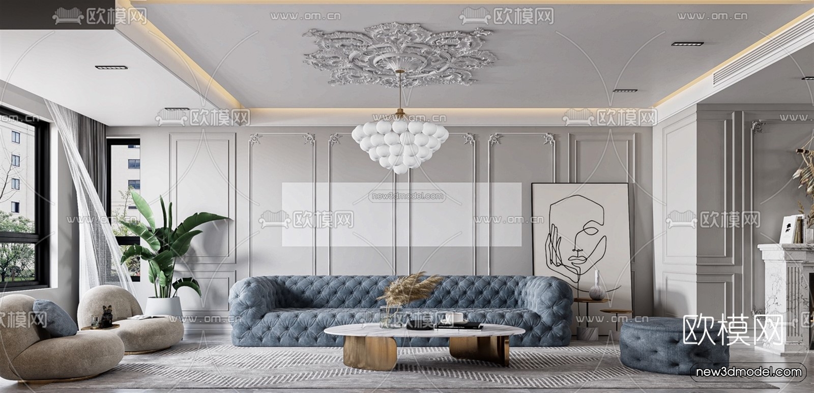 Cream Style Interior 3D Blocks – Living Room 3D Model – 035 – VRAY - thumbnail 2