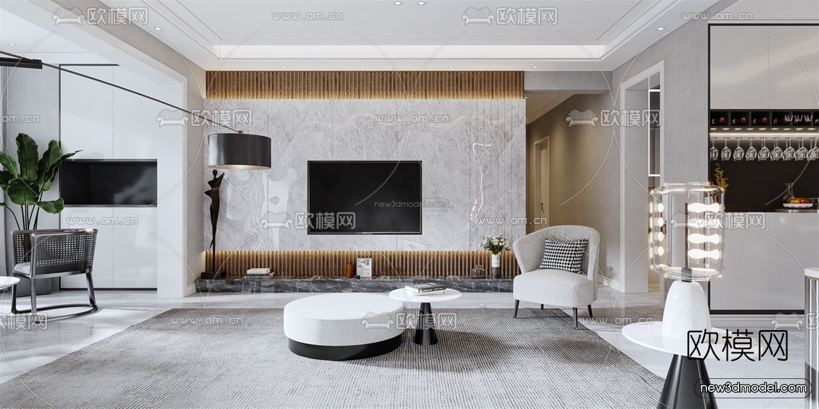 Black – White – Gray Colors Interior 3D Blocks – Living Room 3D Scene – 024 – VRAY - thumbnail 2