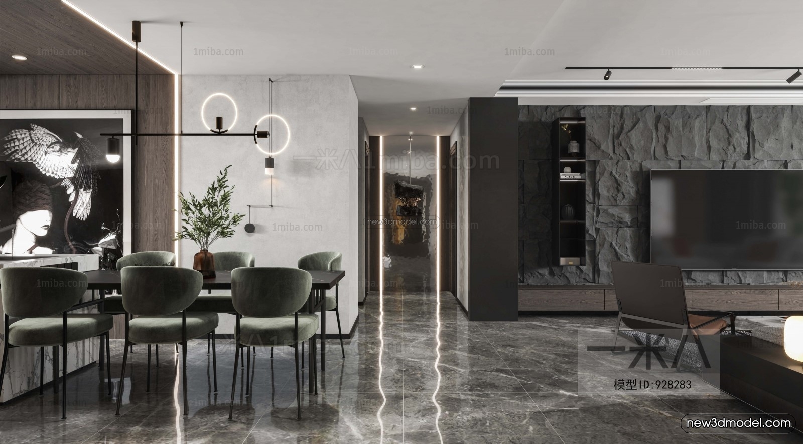 Black – White – Gray Colors Interior 3D Blocks – Living Room 3D Scene – 025 – VRAY - thumbnail 3