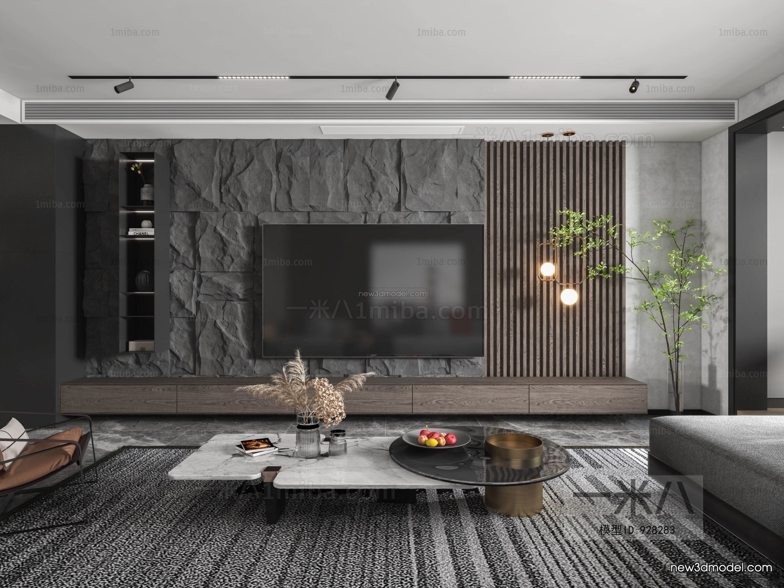 Black – White – Gray Colors Interior 3D Blocks – Living Room 3D Scene – 025 – VRAY - thumbnail 2