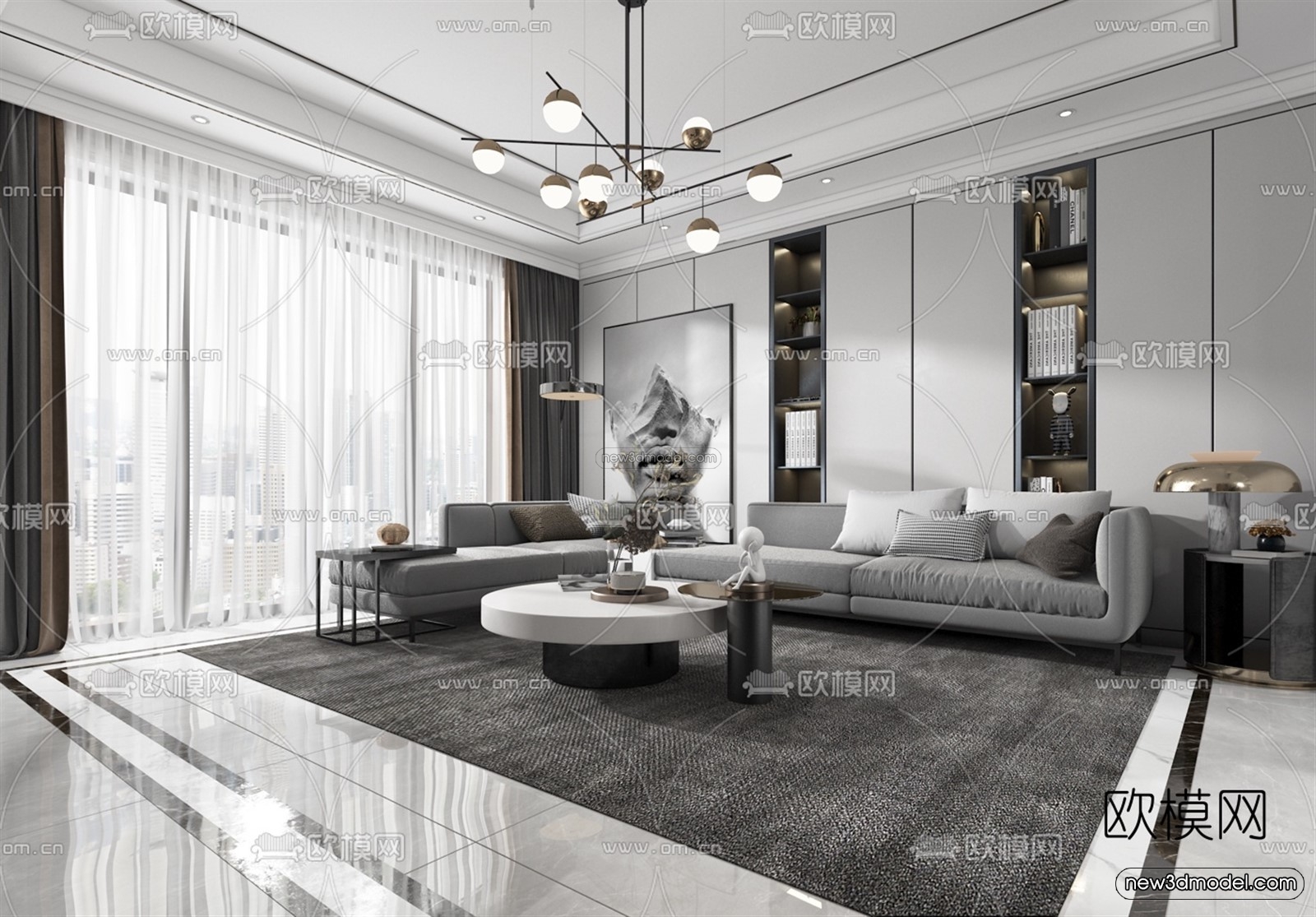 Black – White – Gray Colors Interior 3D Blocks – Living Room 3D Scene – 026 – VRAY - thumbnail 3