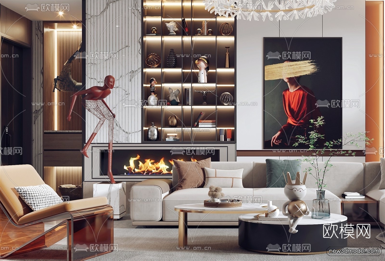 Luxury Style Interior 3D Blocks – Living Room 3D Model – 044 – VRAY - thumbnail 4