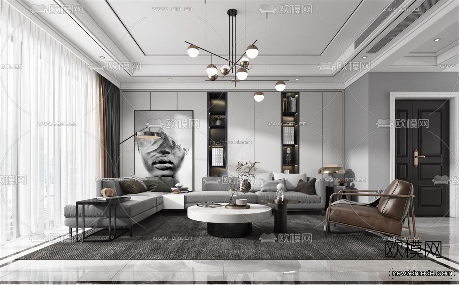 Black – White – Gray Colors Interior 3D Blocks – Living Room 3D Scene – 026 – VRAY - thumbnail 2