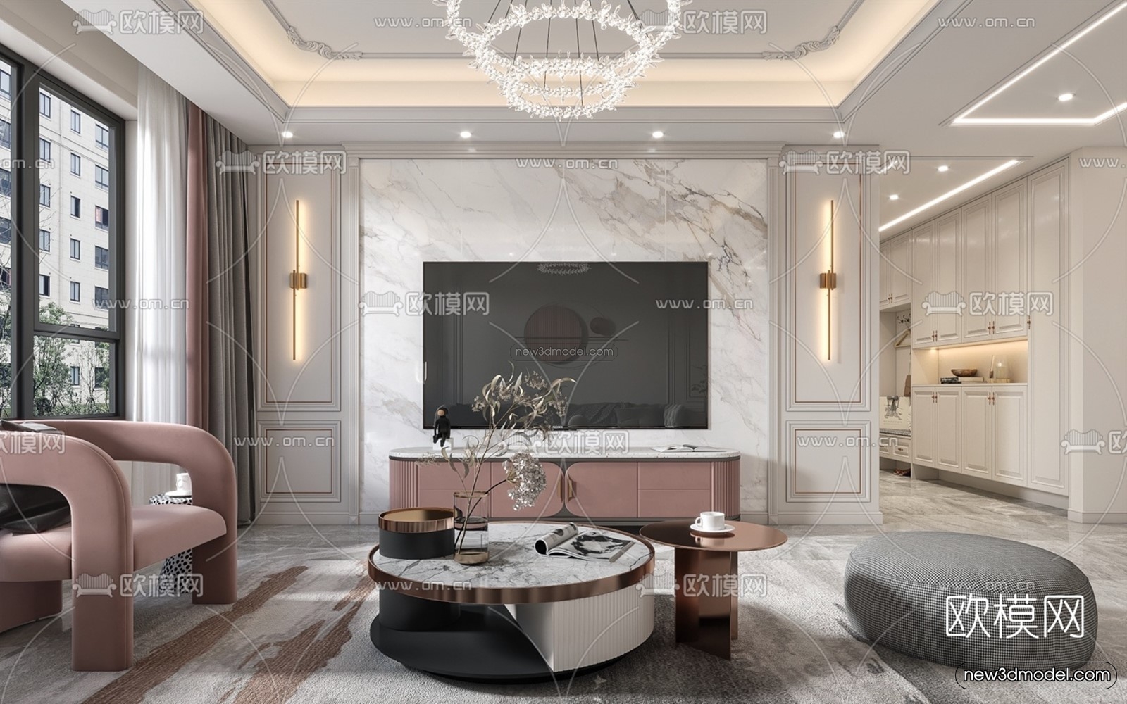 Cream Style Interior 3D Blocks – Living Room 3D Model – 039 – VRAY - thumbnail 2