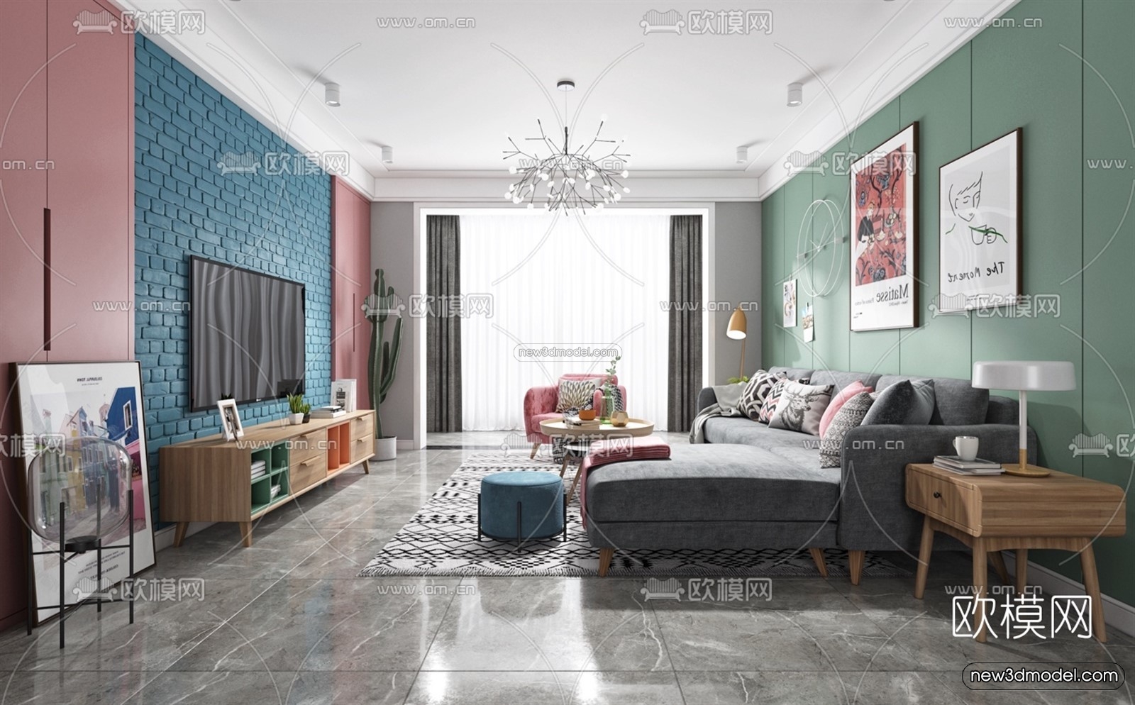 Morandi Style Interior 3D Blocks – Living Room 3D Scene – 039 – VRAY - thumbnail 2