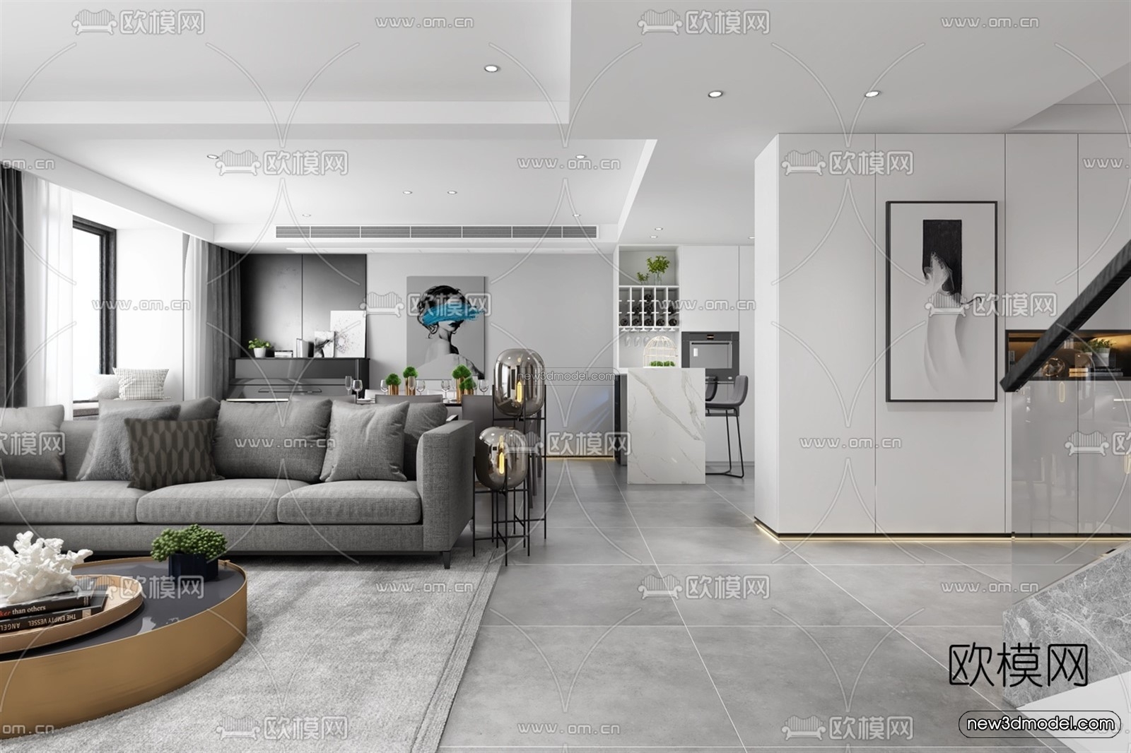 Black – White – Gray Colors Interior 3D Blocks – Living Room 3D Scene – 031 – VRAY - thumbnail 4