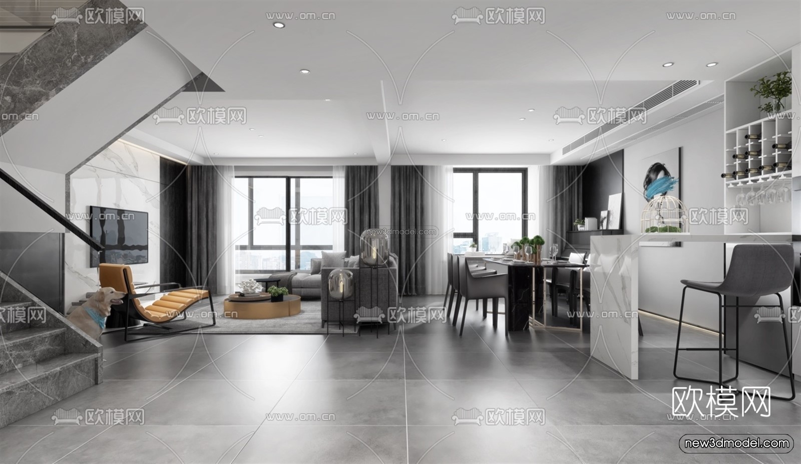 Black – White – Gray Colors Interior 3D Blocks – Living Room 3D Scene – 031 – VRAY - thumbnail 3