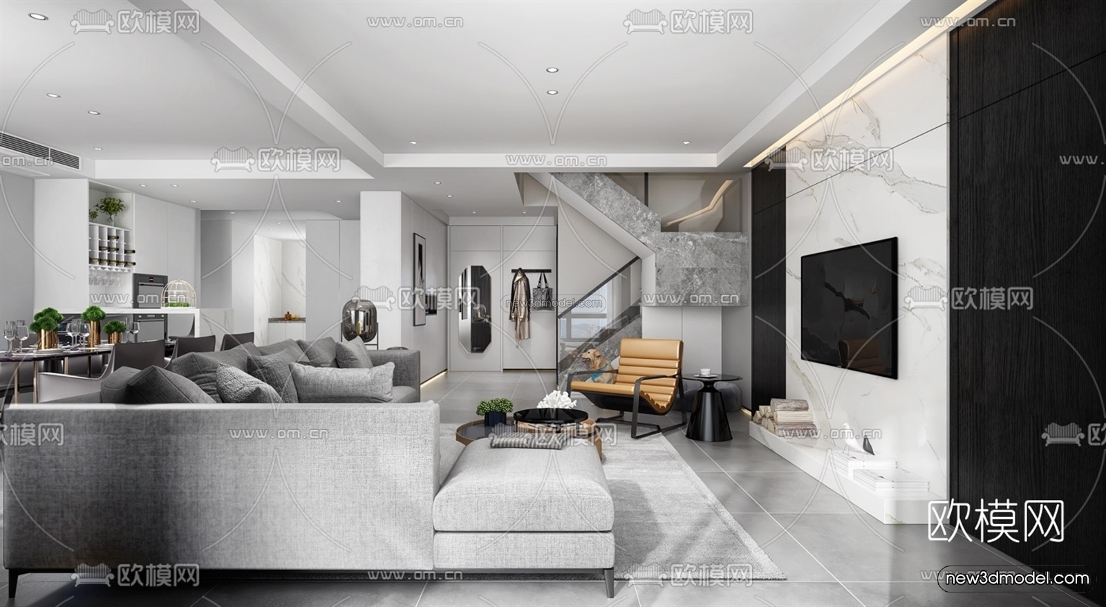 Black – White – Gray Colors Interior 3D Blocks – Living Room 3D Scene – 031 – VRAY - thumbnail 2