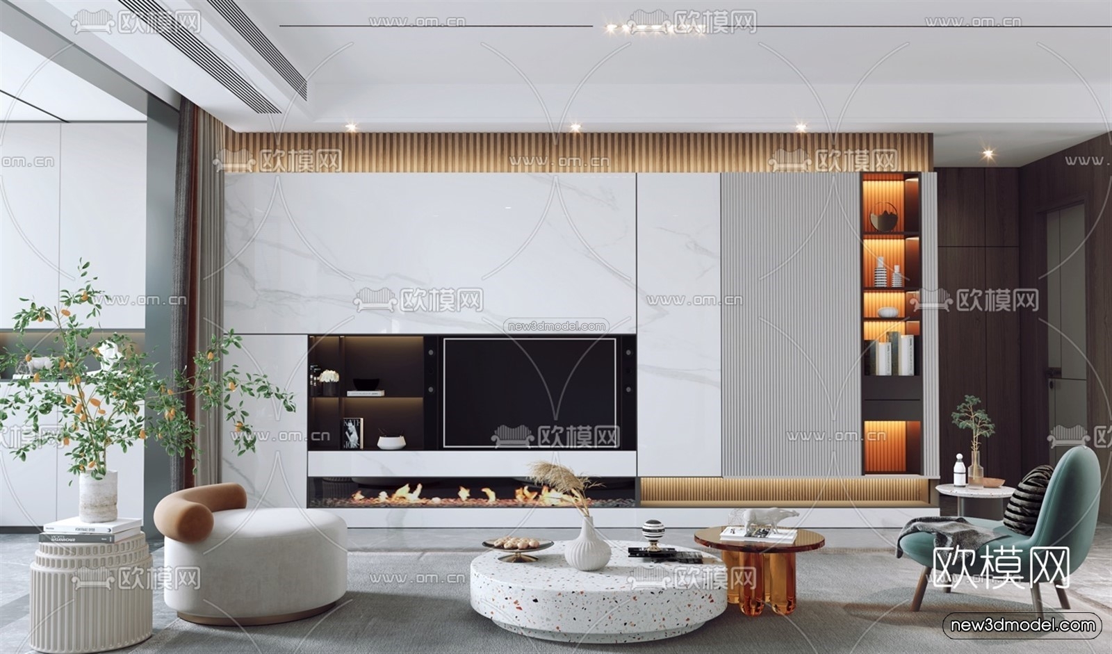 Modern Style Interior 3D Blocks – Living Room 3D Model – 074 – VRAY - thumbnail 2