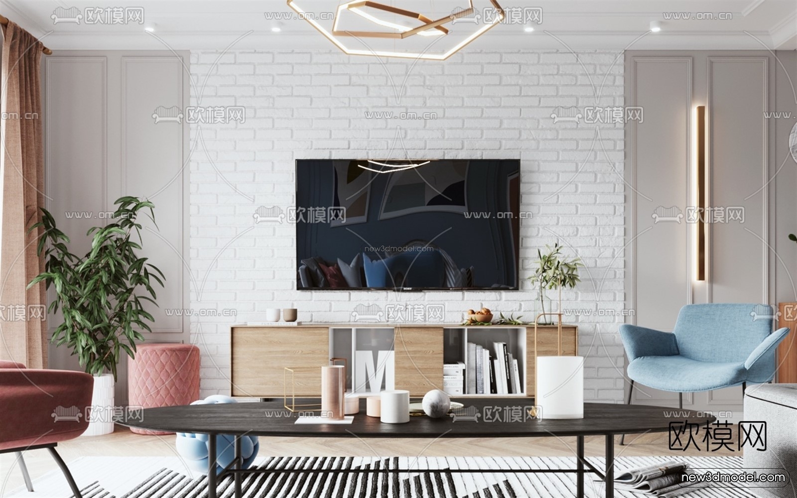 Morandi Style Interior 3D Blocks – Living Room 3D Scene – 046 – VRAY - thumbnail 2