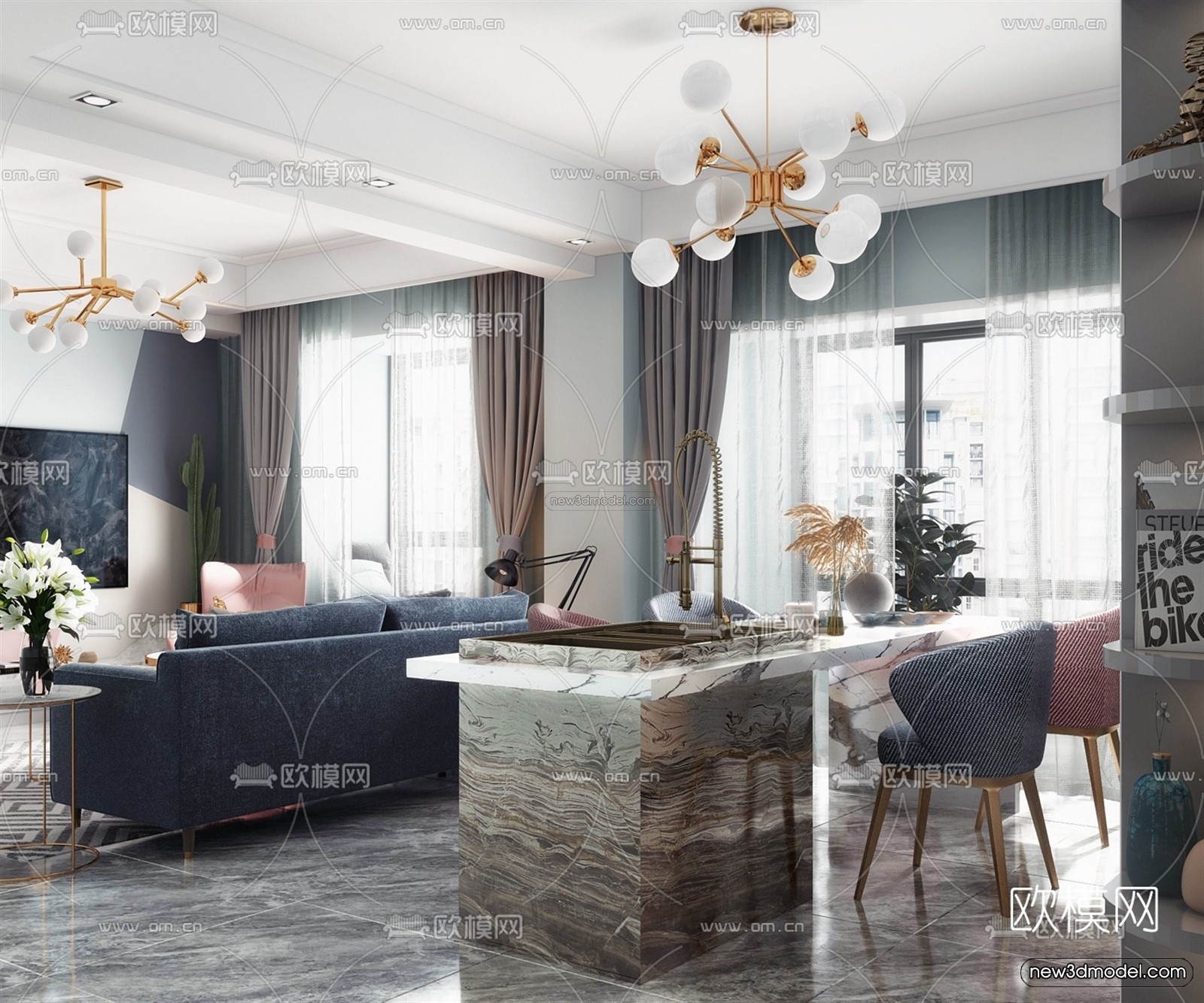Morandi Style Interior 3D Blocks – Living Room 3D Scene – 047 – VRAY - thumbnail 3