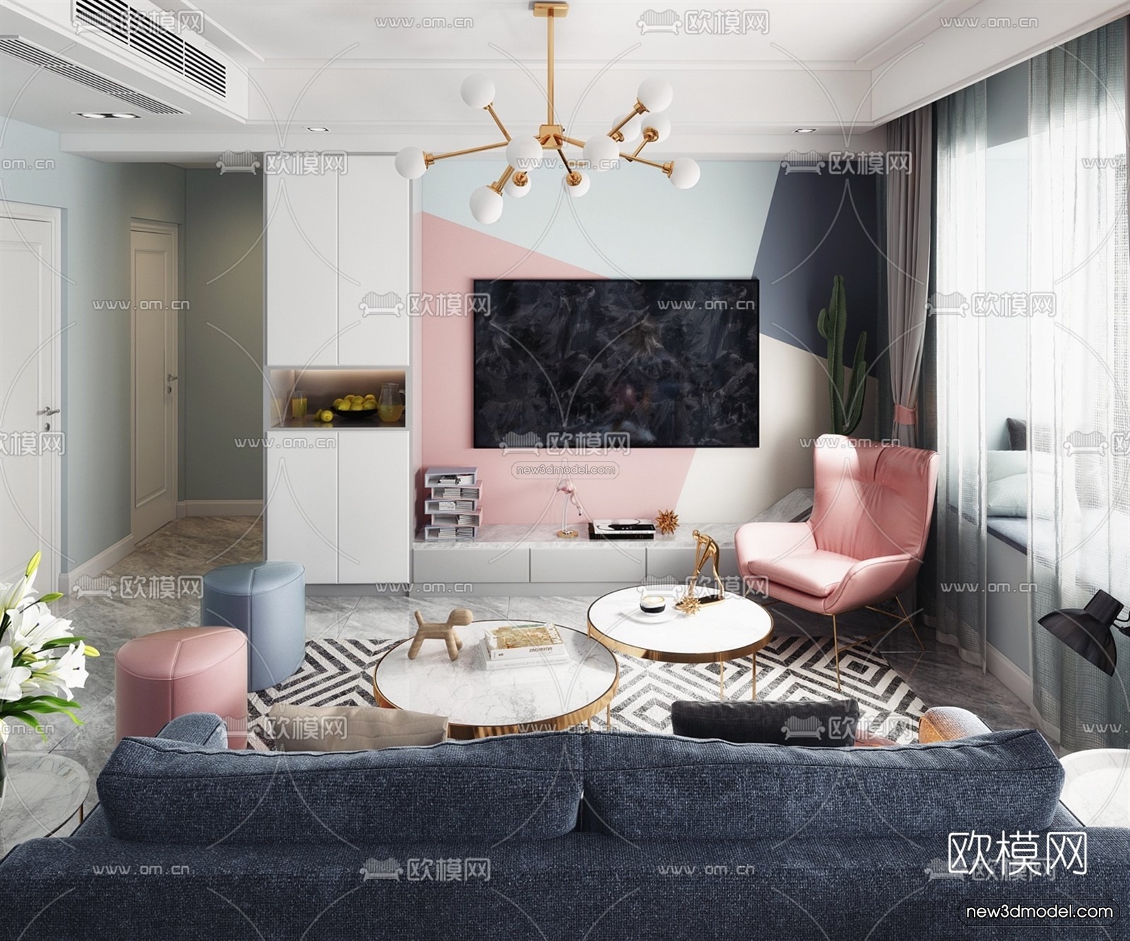 Morandi Style Interior 3D Blocks – Living Room 3D Scene – 047 – VRAY - thumbnail 2