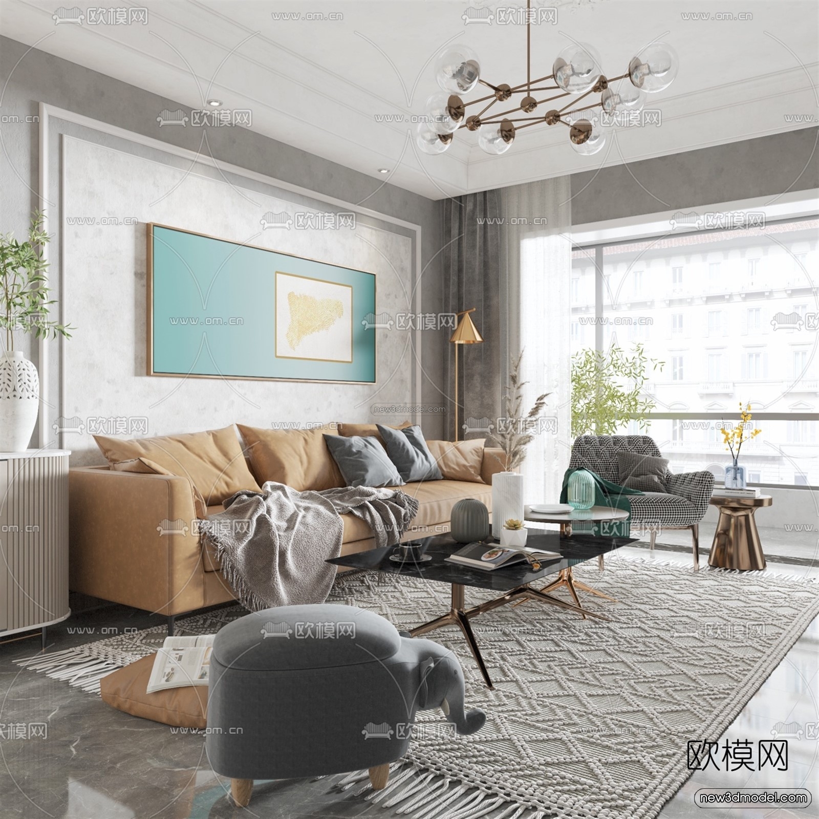 Nordic Style Interior 3D Blocks – Living Room 3D Model – 163 – VRAY - thumbnail 3