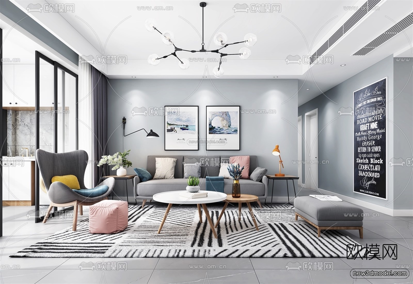 Morandi Style Interior 3D Blocks – Living Room 3D Scene – 048 – VRAY - thumbnail 2