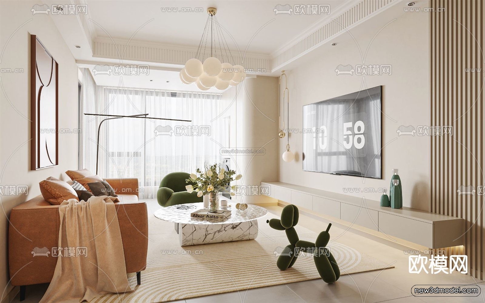Cream Style Interior 3D Blocks – Living Room 3D Model – 051 – VRAY - thumbnail 3