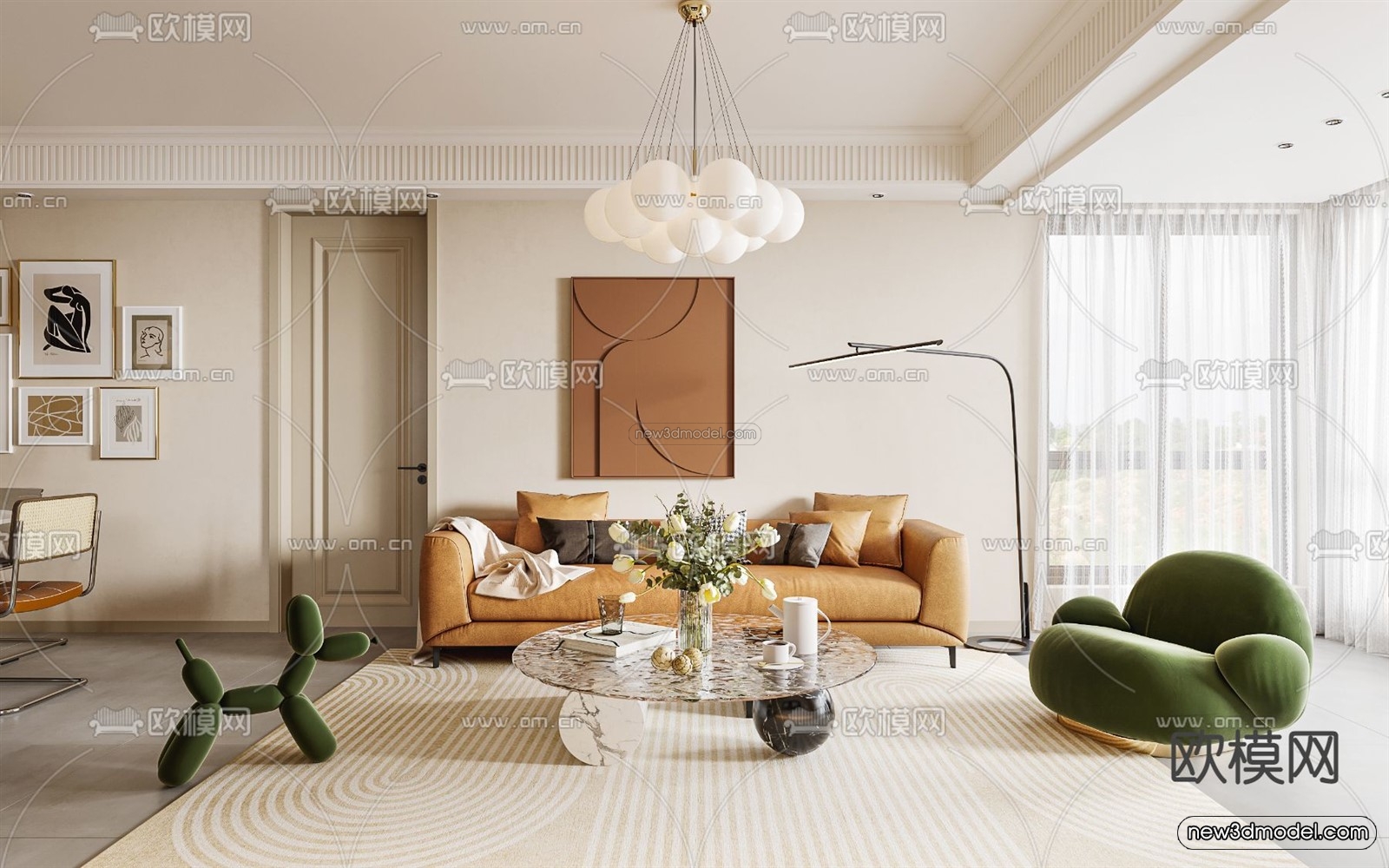 Cream Style Interior 3D Blocks – Living Room 3D Model – 051 – VRAY - thumbnail 2