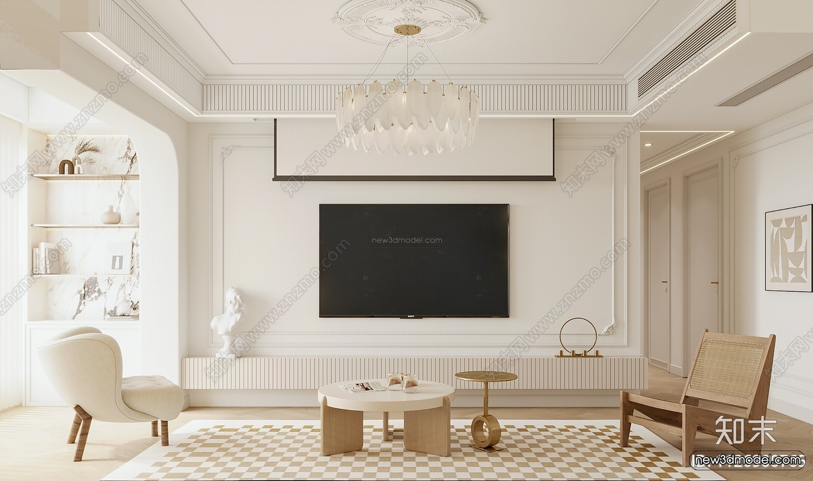 Cream Style Interior 3D Blocks – Living Room 3D Model – 062 – VRAY - thumbnail 3