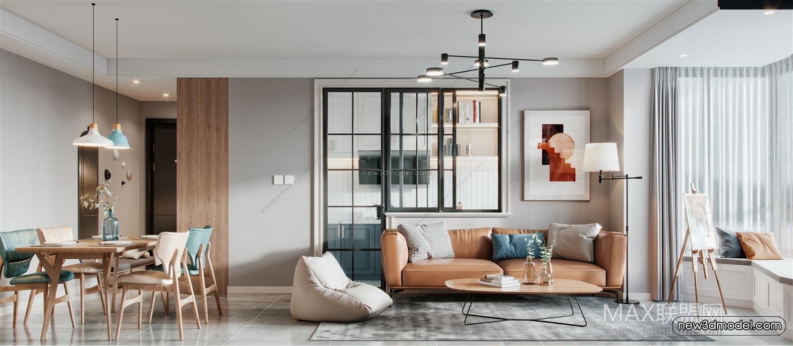 Morandi Style Interior 3D Blocks – Living Room 3D Scene – 053 – VRAY - thumbnail 2