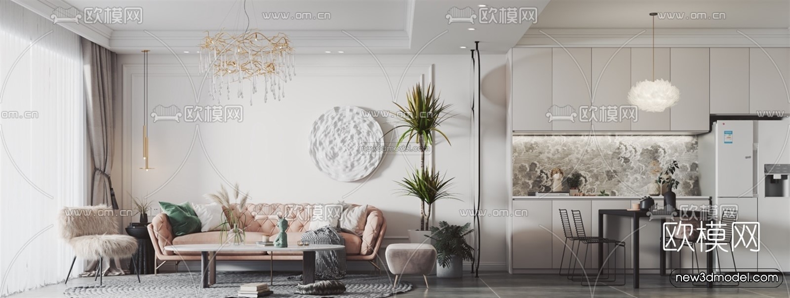 Nordic Style Interior 3D Blocks – Living Room 3D Model – 053 – VRAY - thumbnail 4