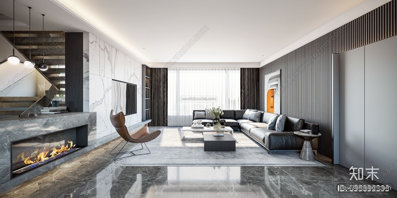 Modern Style Interior 3D Blocks – Living Room 3D Model – 096 – VRAY - thumbnail 2