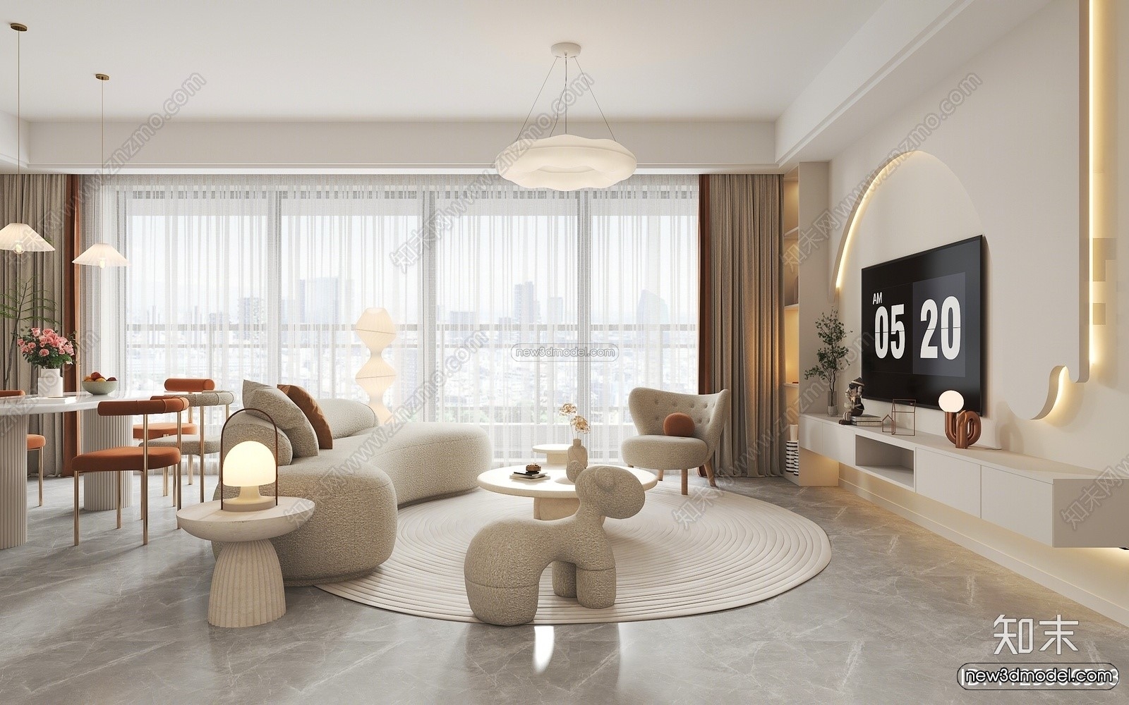 Cream Style Interior 3D Blocks – Living Room 3D Model – 065 – VRAY - thumbnail 3
