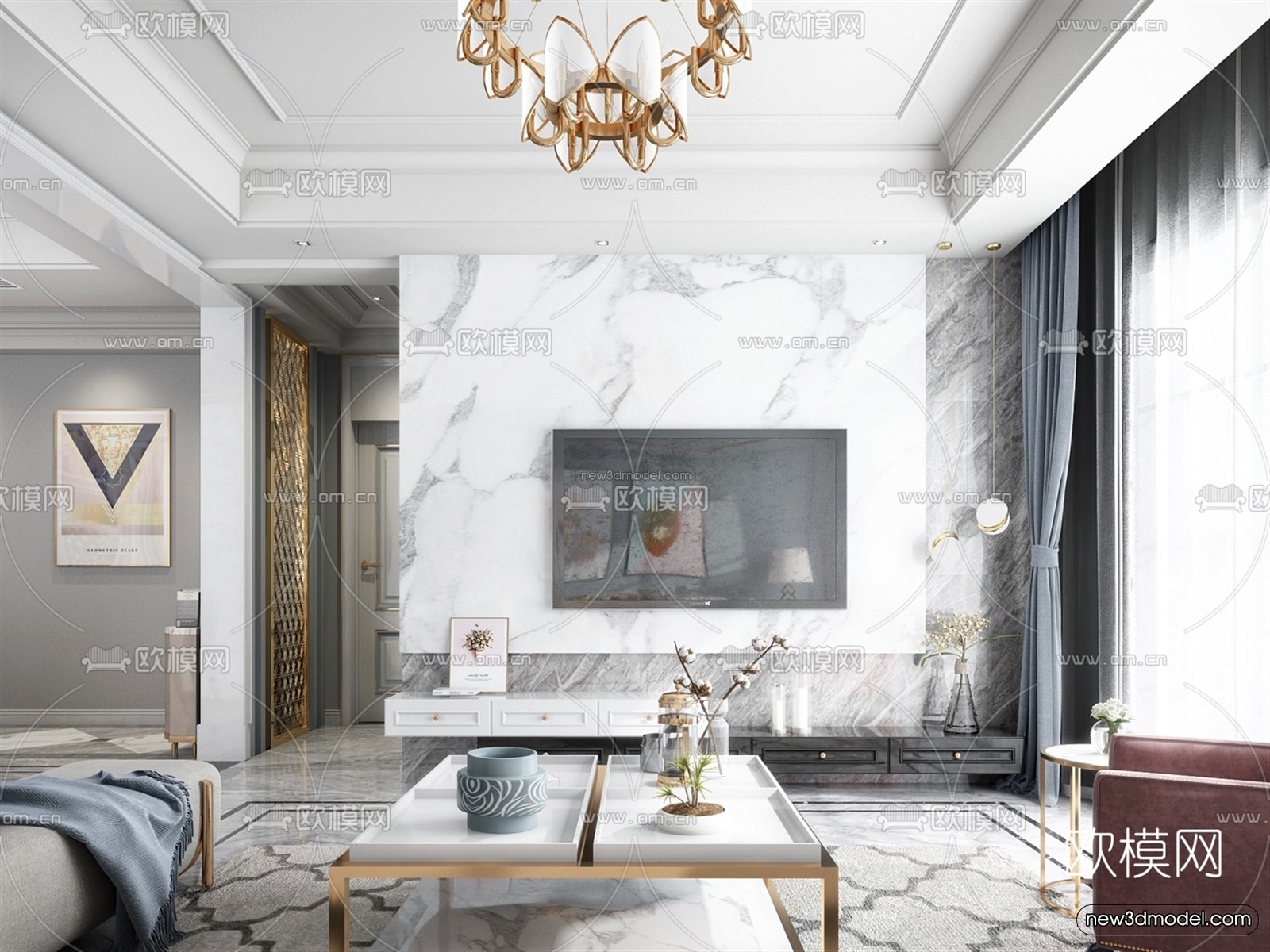 Morandi Style Interior 3D Blocks – Living Room 3D Scene – 055 – VRAY - thumbnail 2