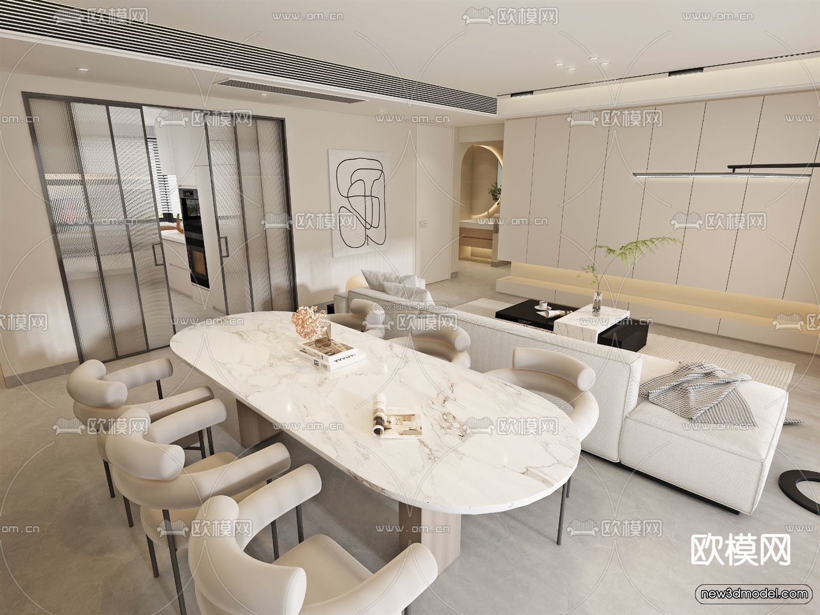Cream Style Interior 3D Blocks – Living Room 3D Model – 066 – VRAY - thumbnail 3
