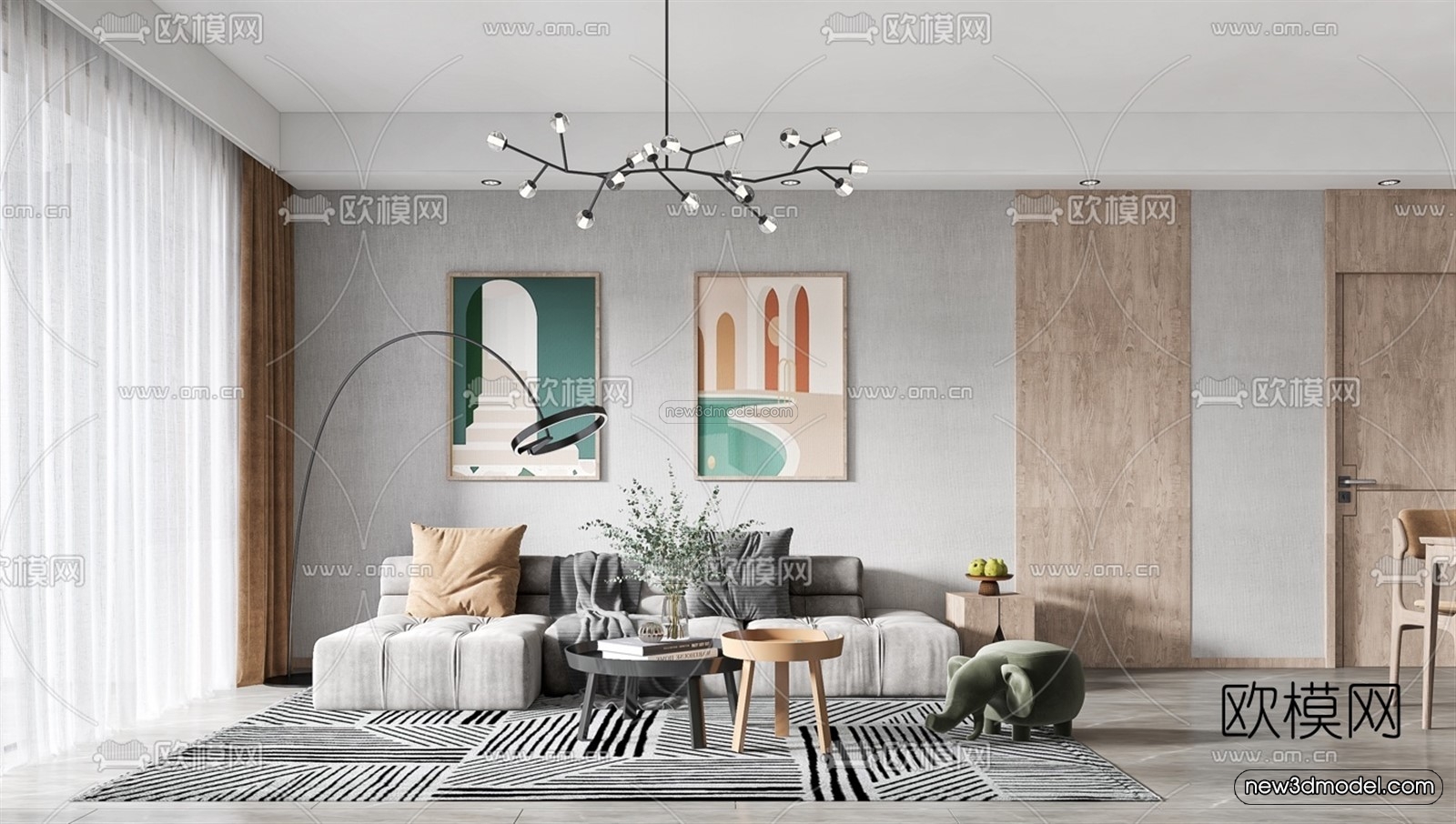 Nordic Style Interior 3D Blocks – Living Room 3D Model – 066 – VRAY - thumbnail 3