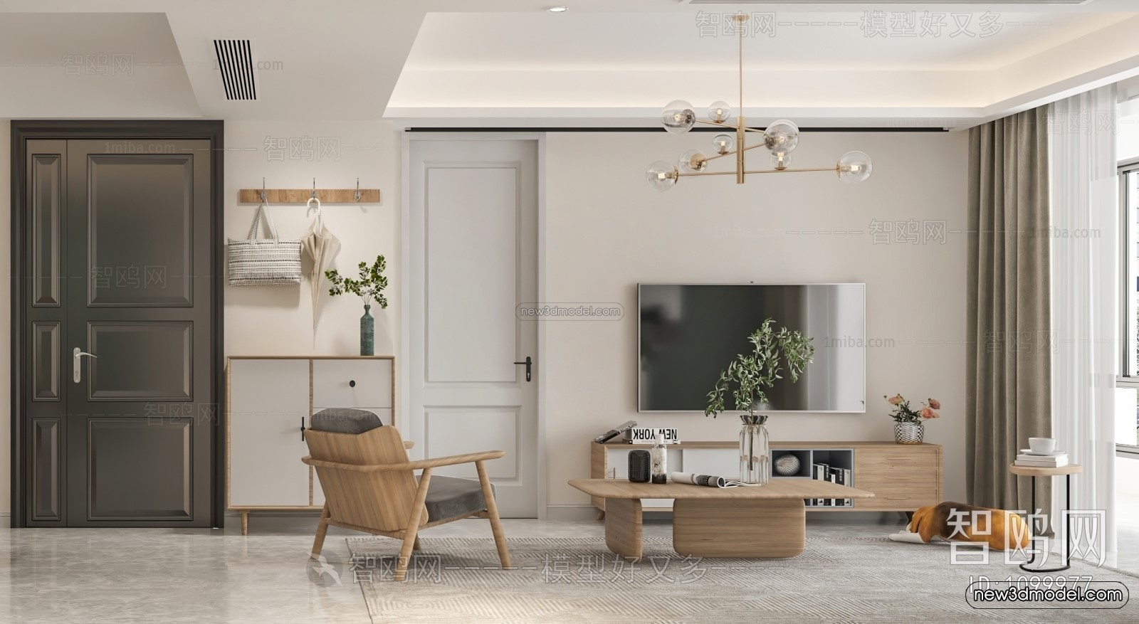 Nordic Style Interior 3D Blocks – Living Room 3D Model – 071 – VRAY - thumbnail 2