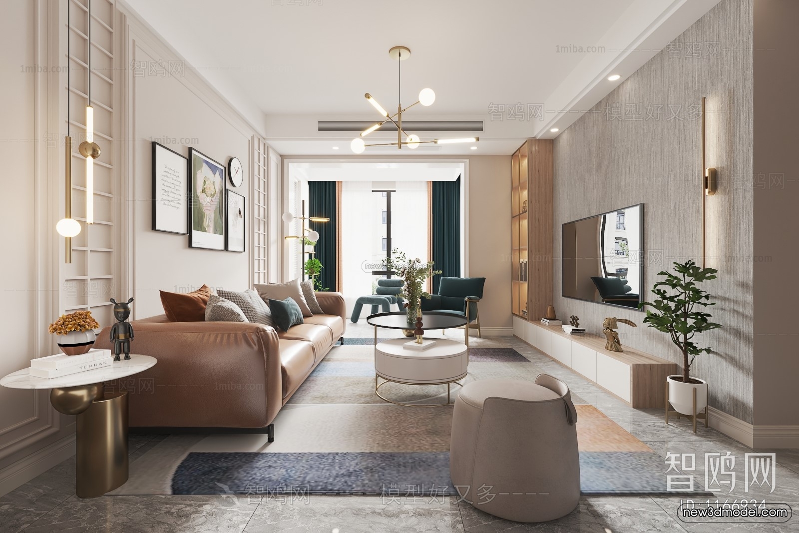 Nordic Style Interior 3D Blocks – Living Room 3D Model – 072 – VRAY - thumbnail 4