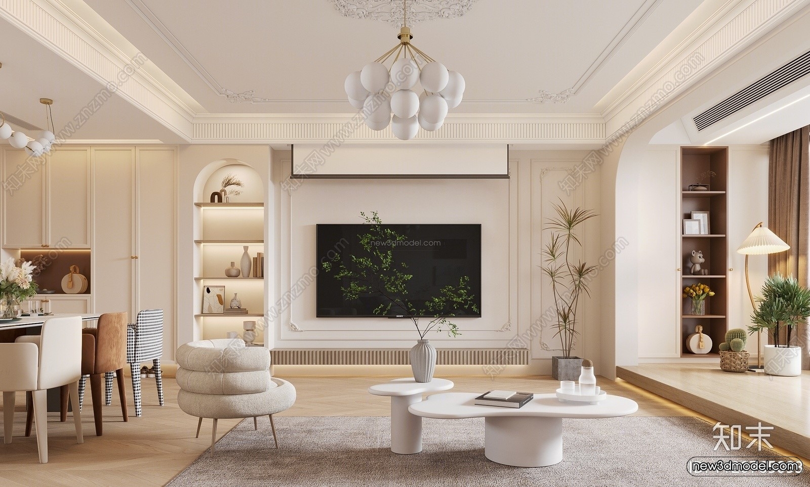 Cream Style Interior 3D Blocks – Living Room 3D Model – 069 – VRAY - thumbnail 2