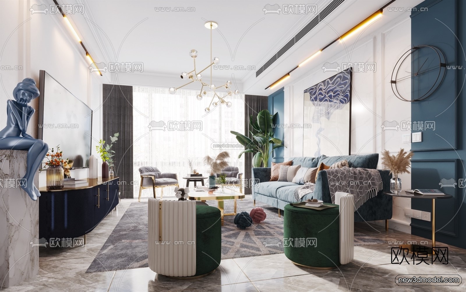Nordic Style Interior 3D Blocks – Living Room 3D Model – 082 – VRAY - thumbnail 3