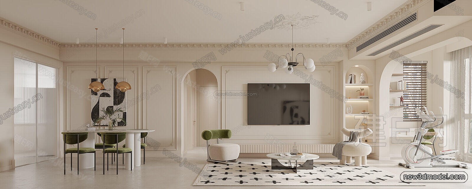 Cream Style Interior 3D Blocks – Living Room 3D Model – 075 – VRAY - thumbnail 2