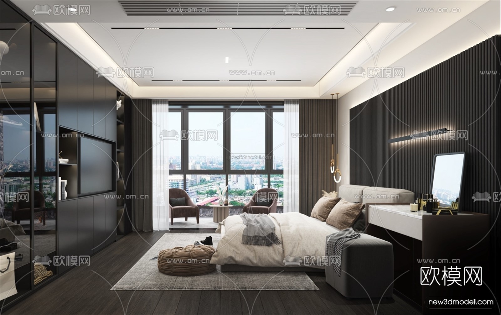 Black – White – Gray Colors Interior 3D Blocks – Bedroom 3D Scene – 155 – VRAY - thumbnail 3