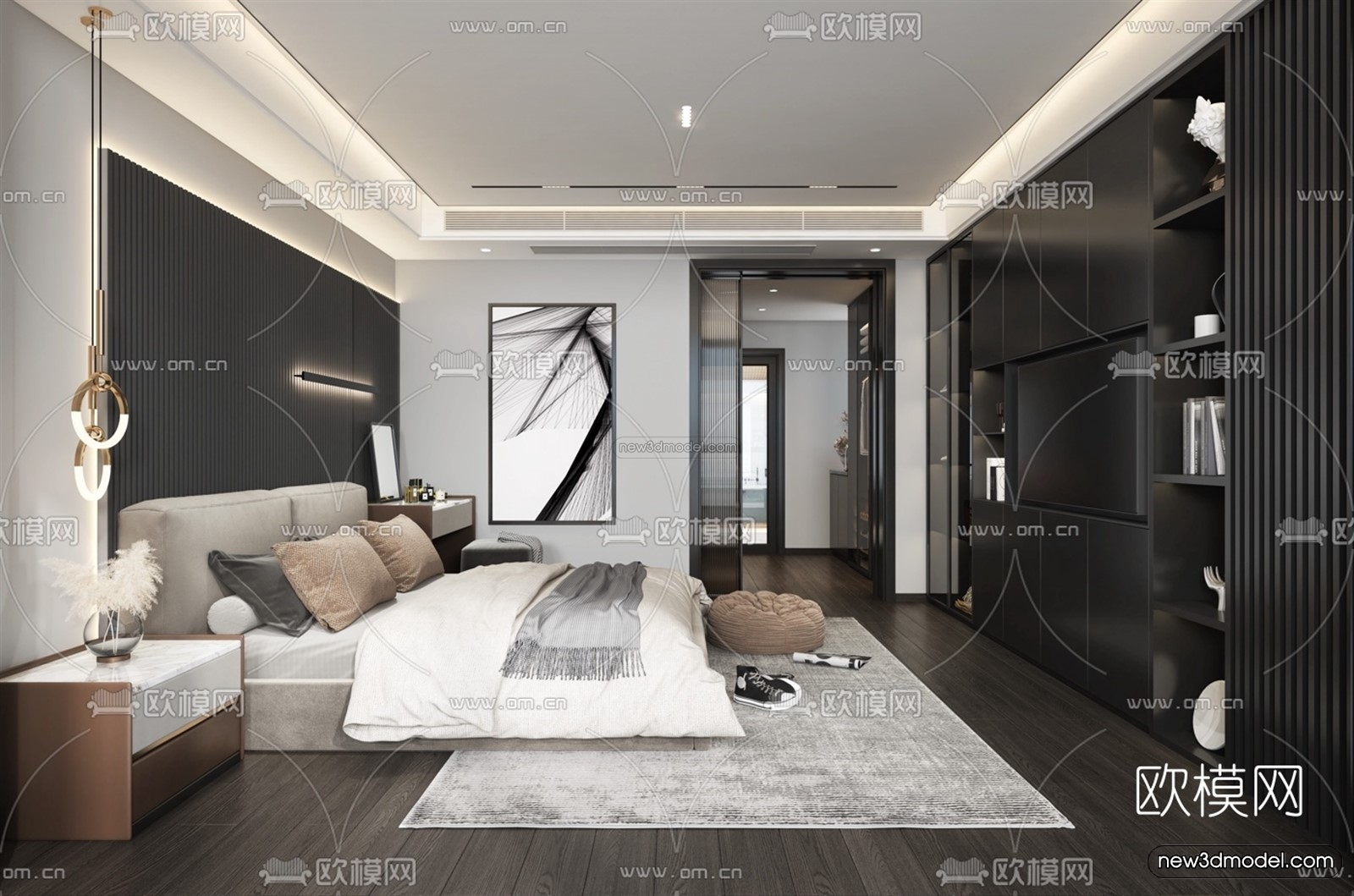 Black – White – Gray Colors Interior 3D Blocks – Bedroom 3D Scene – 155 – VRAY - thumbnail 2