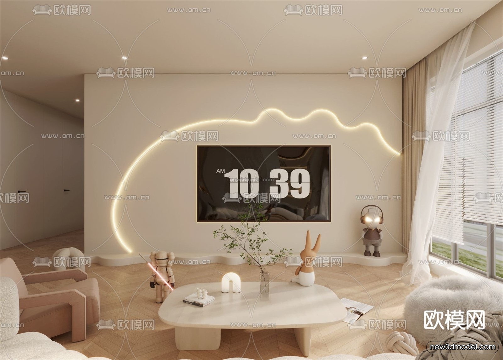 Cream Style Interior 3D Blocks – Living Room 3D Model – 079 – VRAY - thumbnail 2