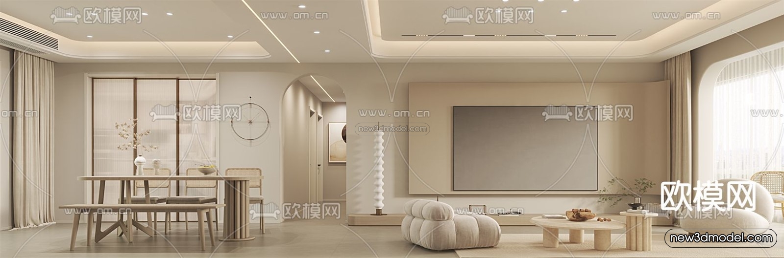 Cream Style Interior 3D Blocks – Living Room 3D Model – 080 – VRAY - thumbnail 2