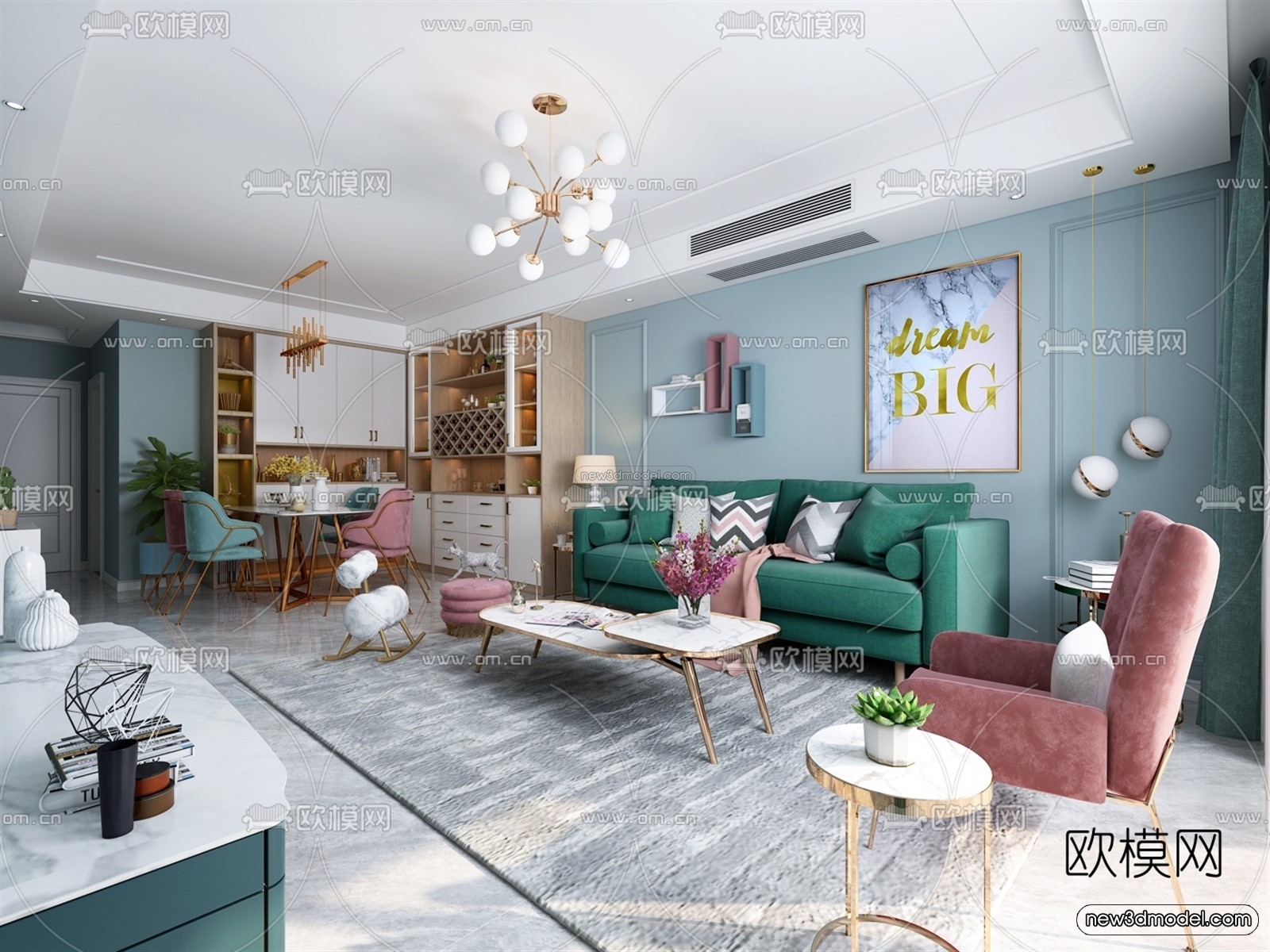 Morandi Style Interior 3D Blocks – Living Room 3D Scene – 069 – VRAY - thumbnail 3