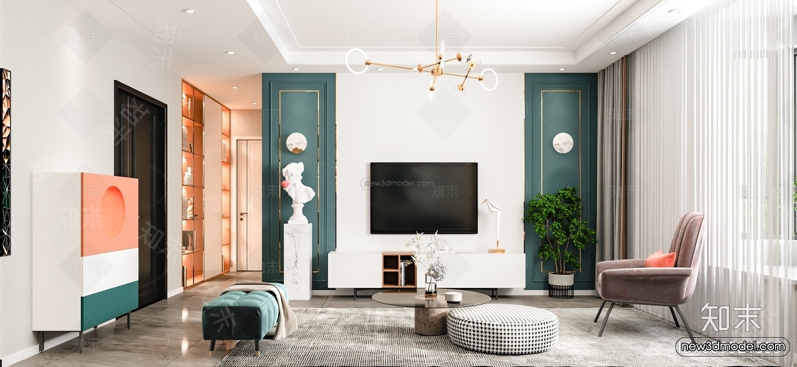 Morandi Style Interior 3D Blocks – Living Room 3D Scene – 078 – VRAY - thumbnail 2