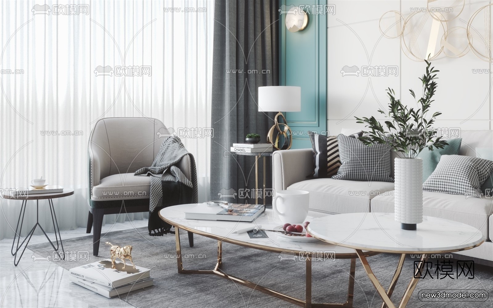 Morandi Style Interior 3D Blocks – Living Room 3D Scene – 089 – VRAY - thumbnail 3