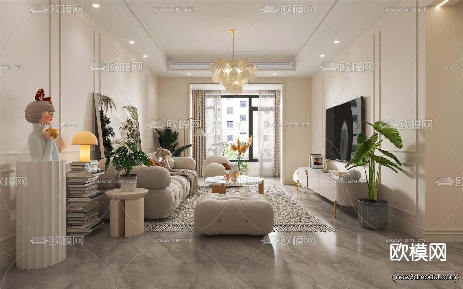 Cream Style Interior 3D Blocks – Living Room 3D Model – 022 – VRAY - thumbnail 5