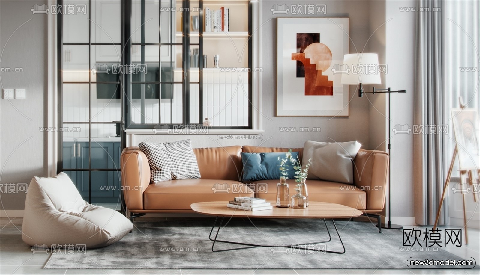 Morandi Style Interior 3D Blocks – Living Room 3D Scene – 097 – VRAY - thumbnail 3