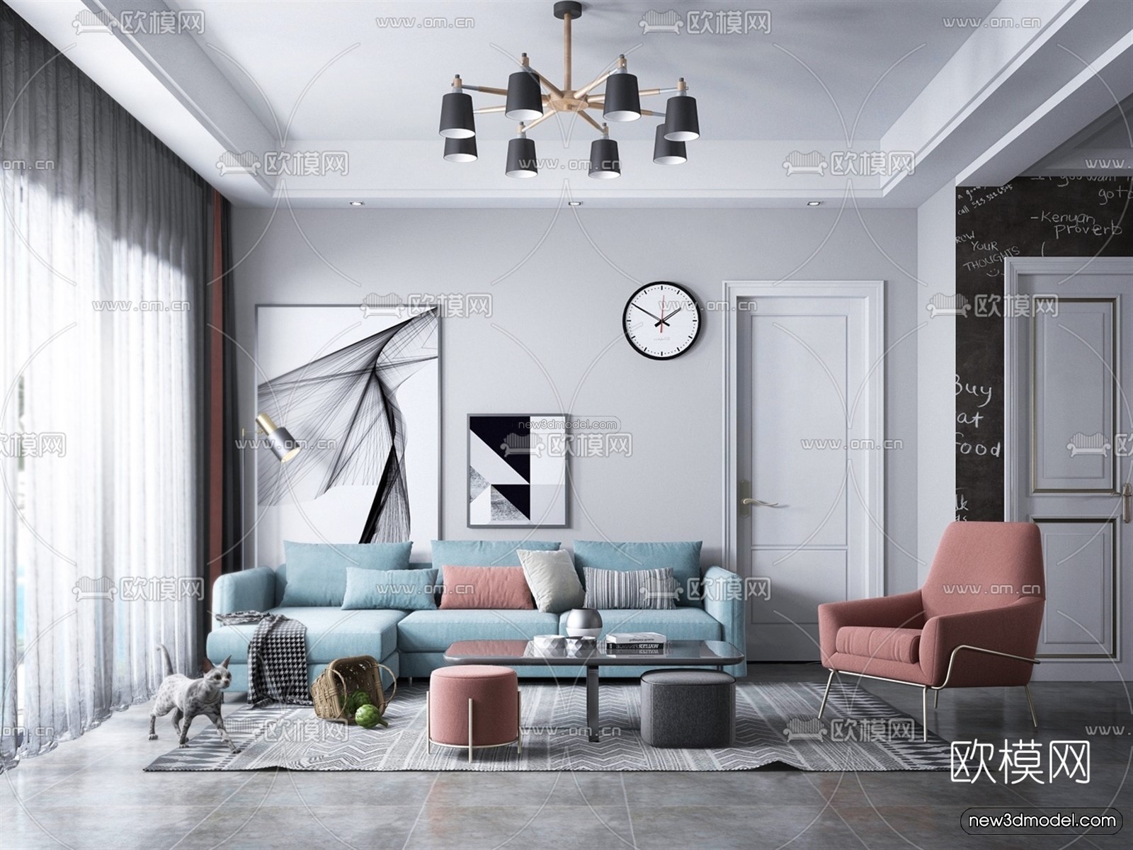 Morandi Style Interior 3D Blocks – Living Room 3D Scene – 099 – VRAY - thumbnail 3