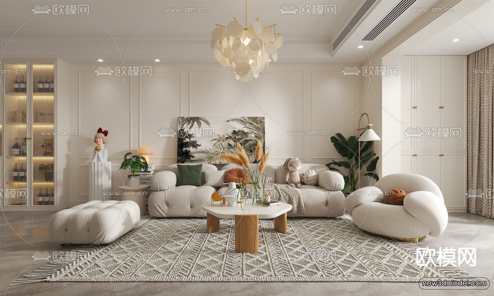 Cream Style Interior 3D Blocks – Living Room 3D Model – 022 – VRAY - thumbnail 2