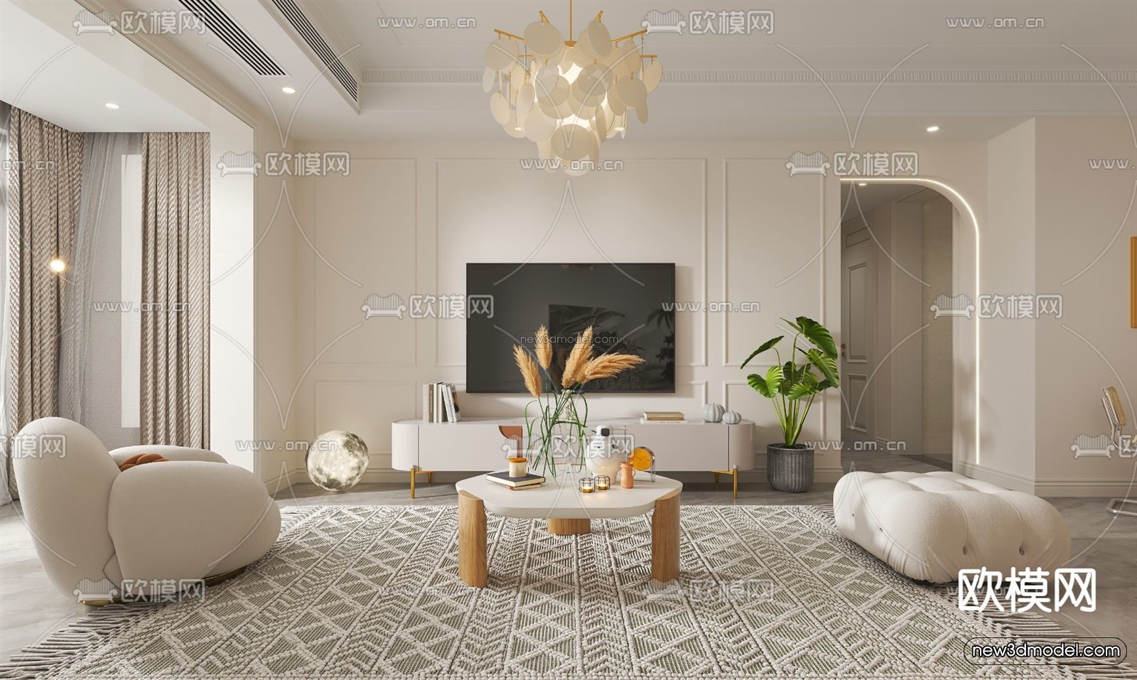 Cream Style Interior 3D Blocks – Living Room 3D Model – 022 – VRAY - thumbnail 3