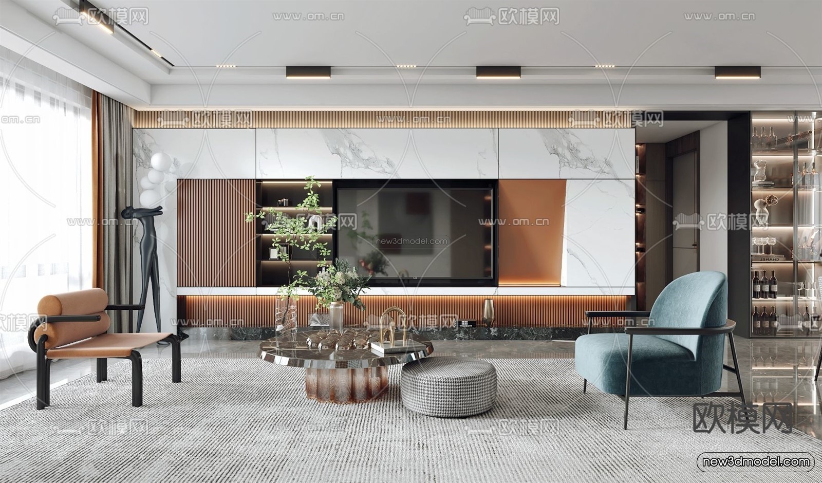 Modern Style Interior 3D Blocks – Living Room 3D Model – 043 – VRAY - thumbnail 2